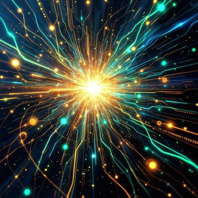 The primary subject of the image is a brightly colored, digital art-like representation of a starburst. The setting is a dark background, which contrasts with the vibrant colors of the starburst. The visual style is a mix of digital art and illustration, creating a unique and eye-catching pattern. The colors and mood of the image are lively and energetic, with the starburst being the main focus and source of visual interest.